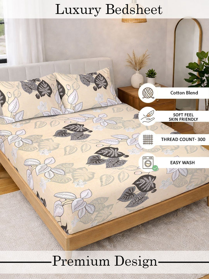 Myntra Elegant Homes Beige & Black Floral 300 TC Bedsheet with 2 Pillow Covers