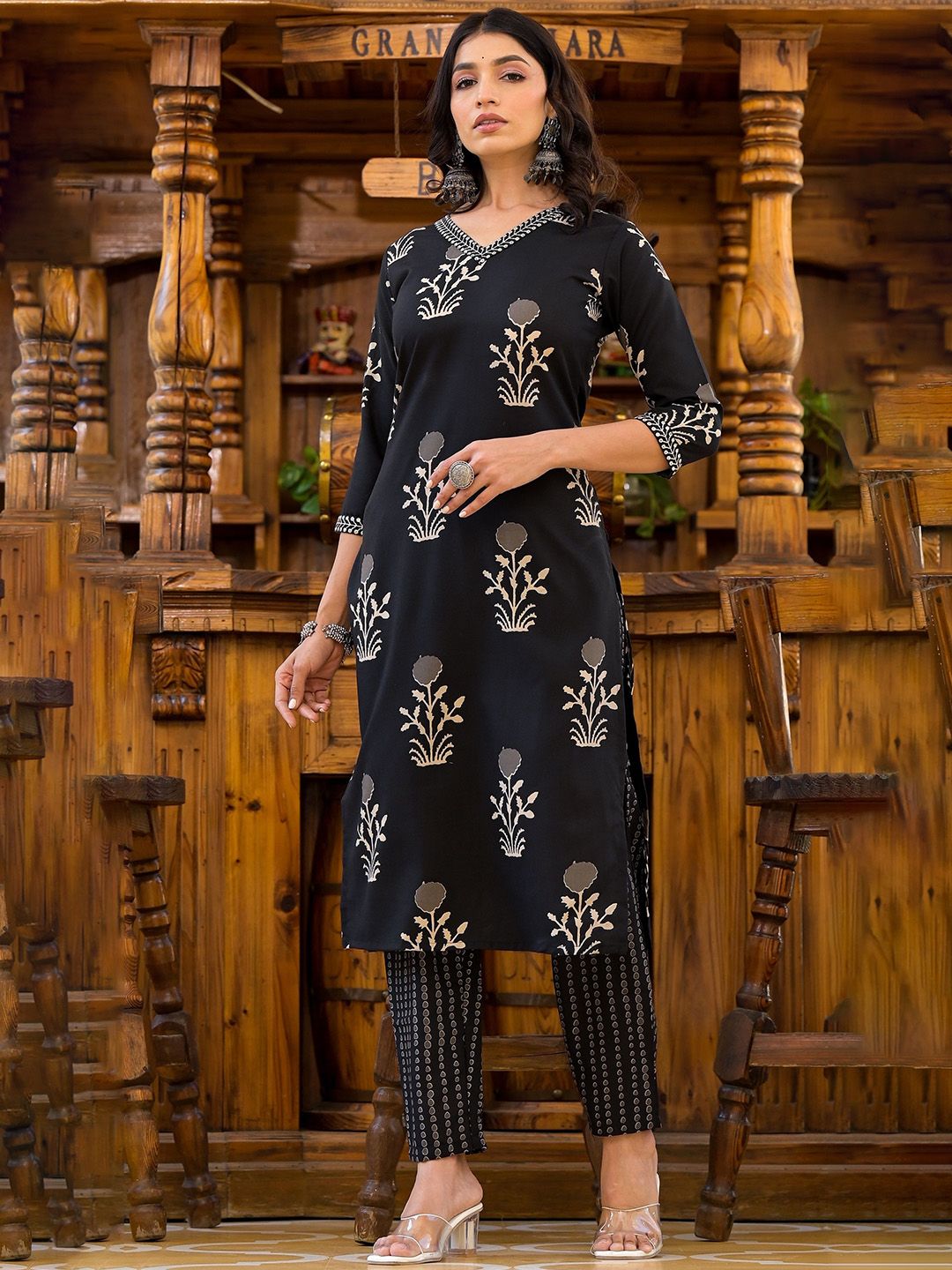 KALINI Ethnic Motifs Printed Sequinned Straight Kurta With Trousers & Dupatta