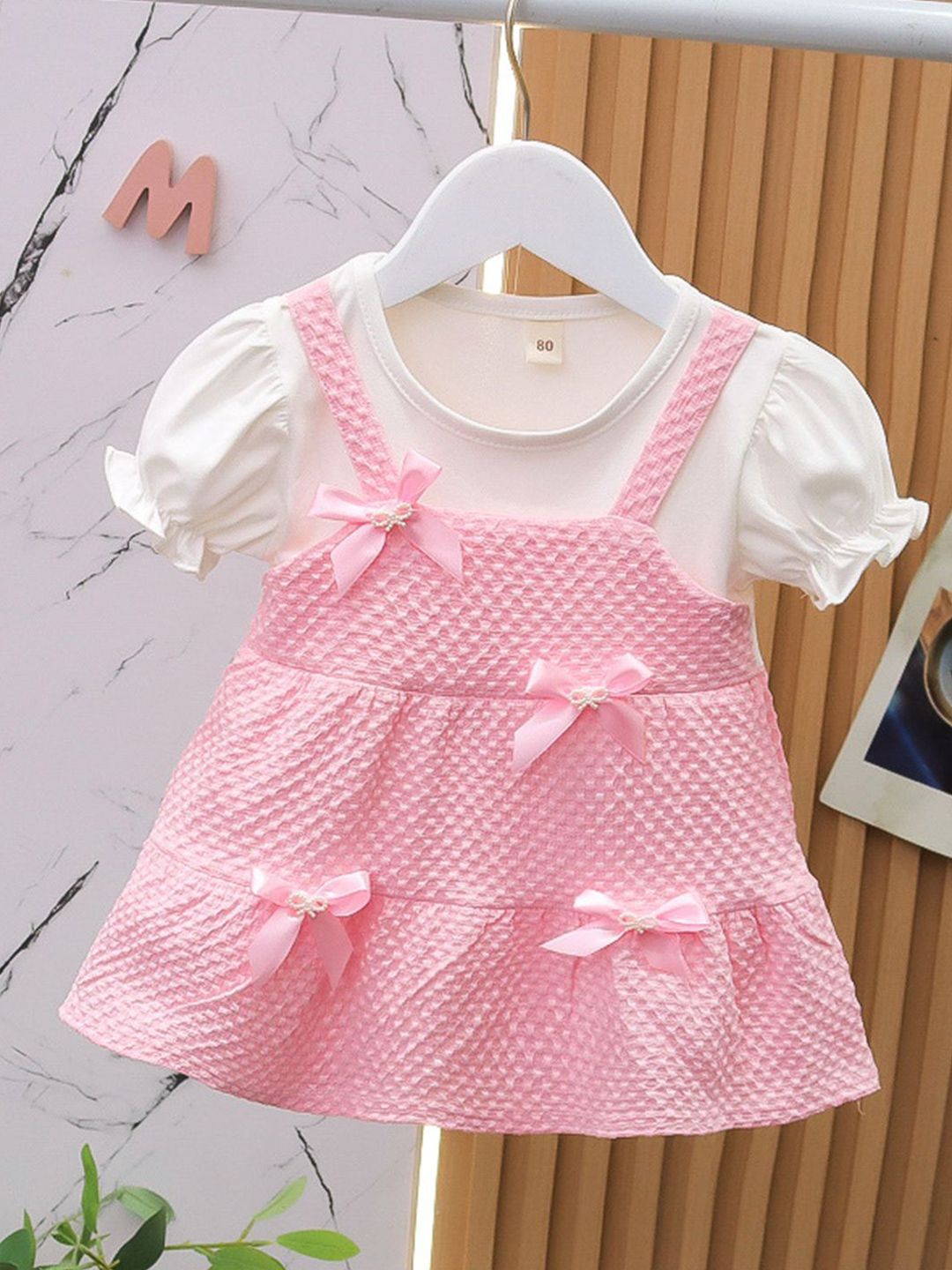 YK Girls Self Design Bow Detail Cotton Fit and Flare Dress
