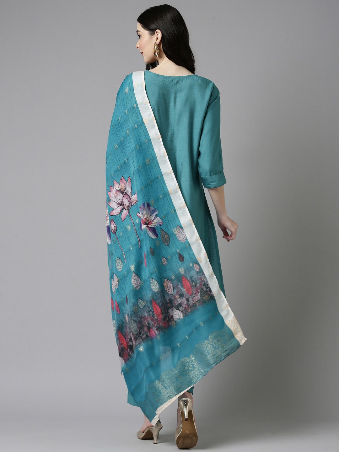 Anouk Sea Green Ethnic Motifs Embroidered Straight Kurta With Trousers & Dupatta