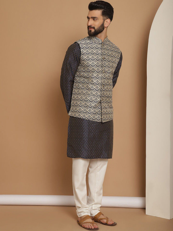 Anouk Men Geometic Embroidered Kurta With Churidar & Woven Design Nehru Jacket