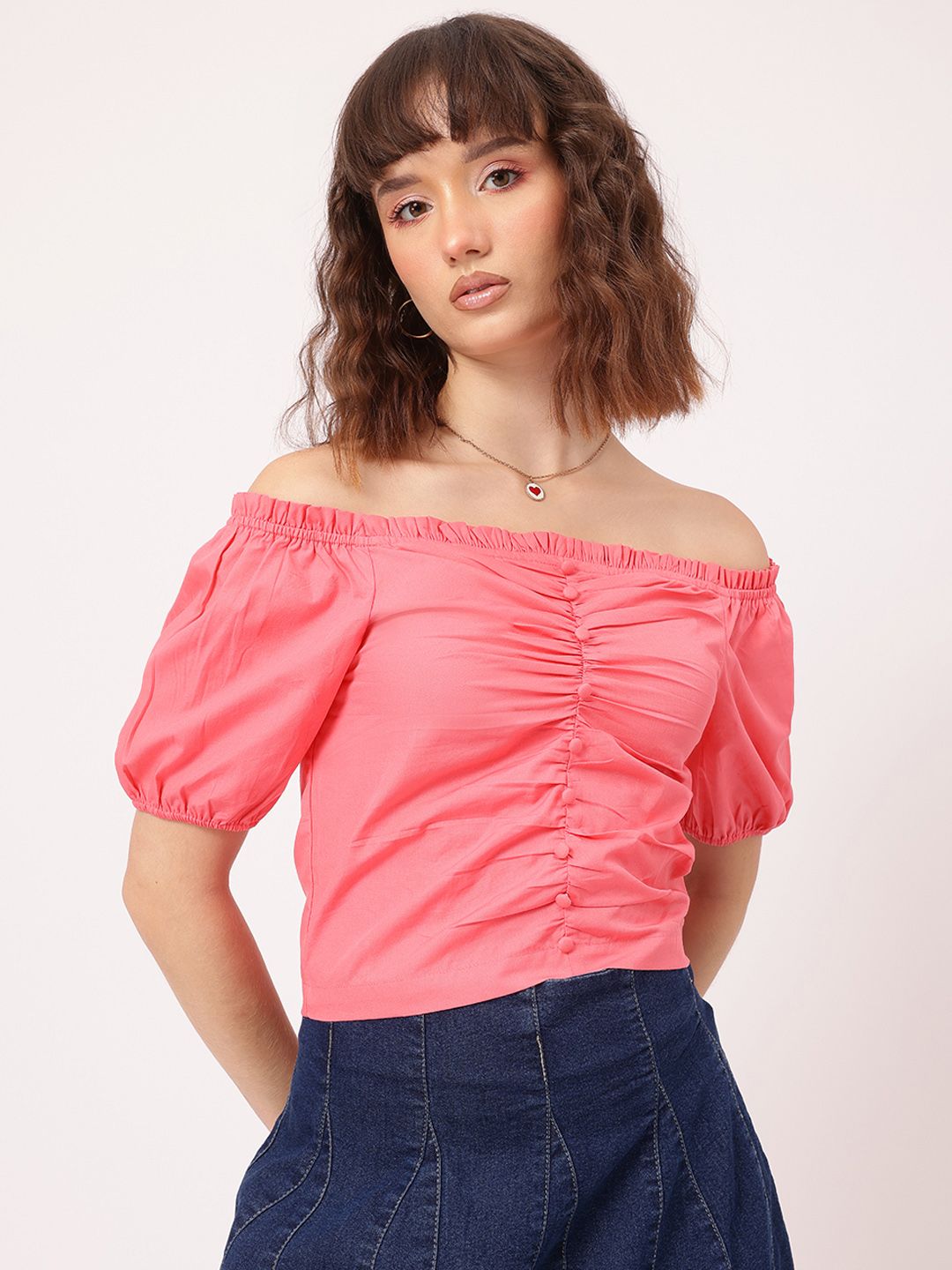 DressBerry Romantic Fusion Ruched Bardot Crop Top