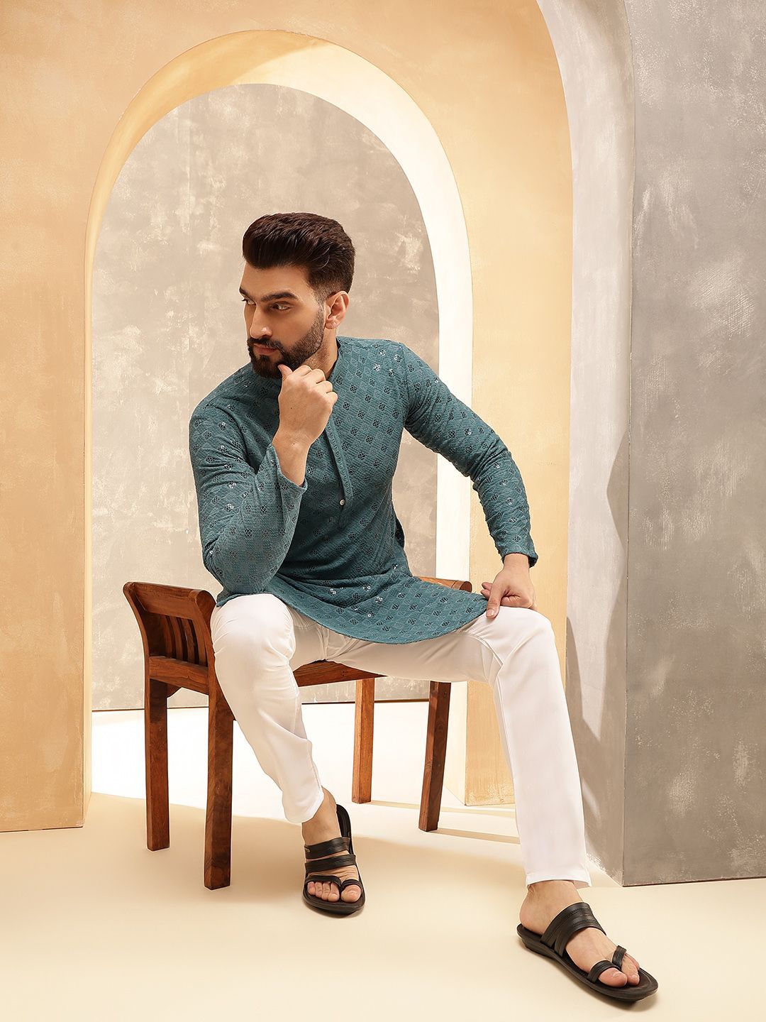 Anouk Teal Geometric Embroidered Sequinned Straight Pure Cotton Kurta With Pyjamas