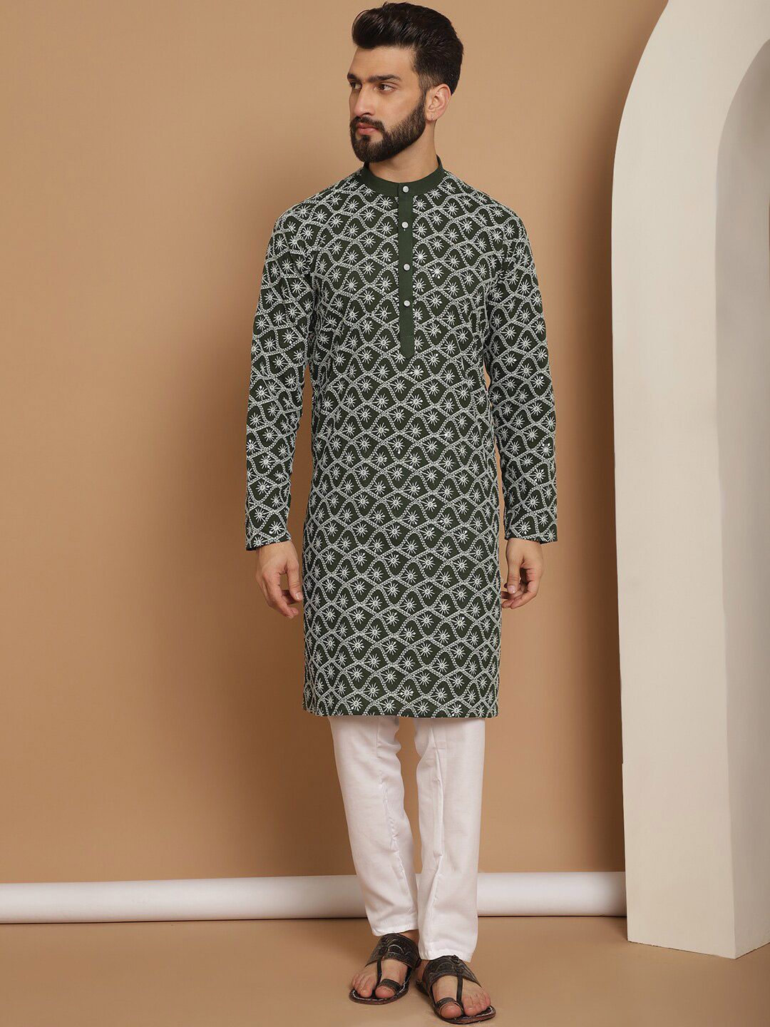 Anouk Green Ethnic Motifs Embroidered Regular Pure Cotton Kurta with Churidar
