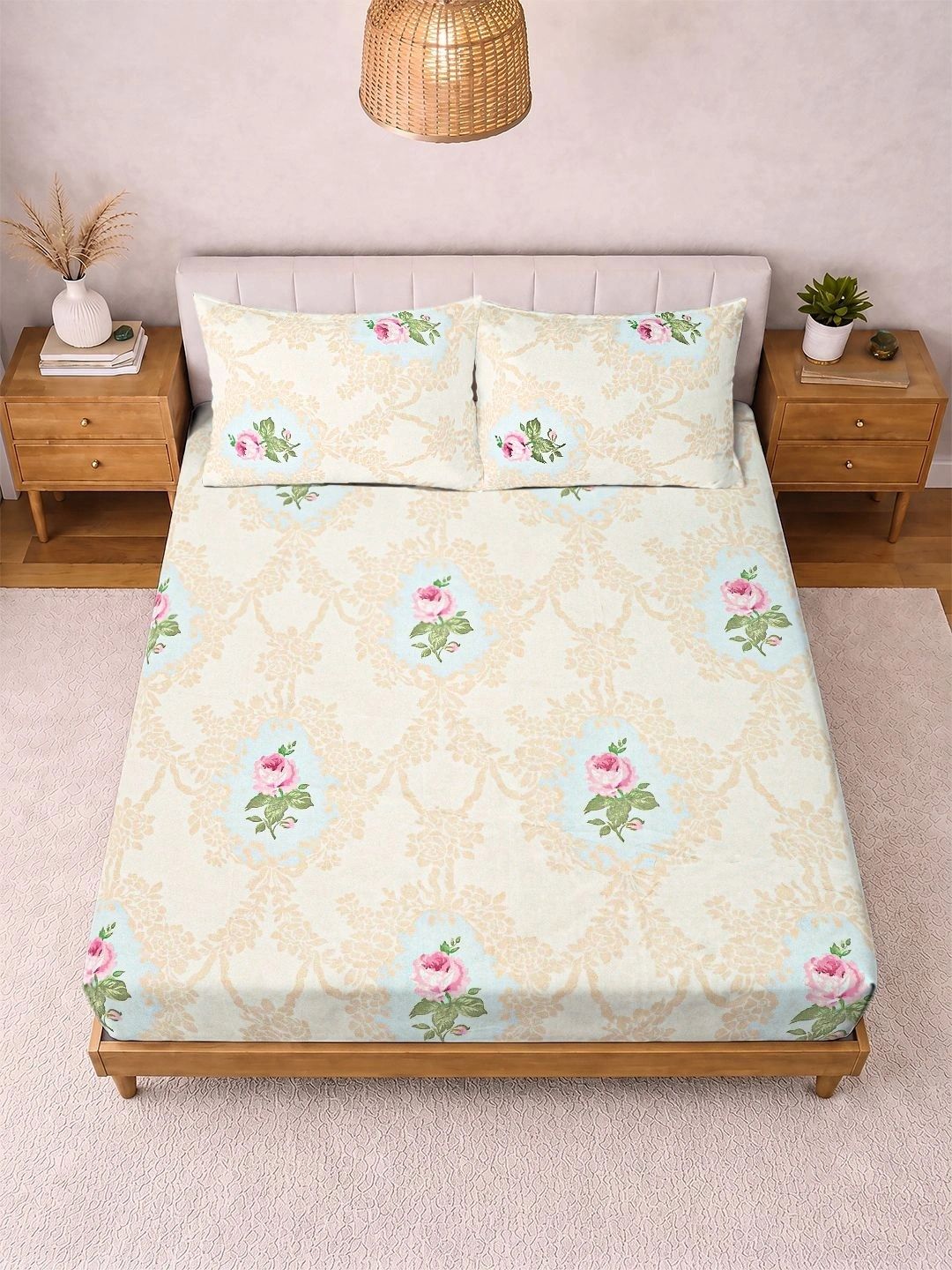 Myntra Elegant Homes Cream-Coloured & Pink Floral 300 TC King Bedsheet with 2 Pillow Covers