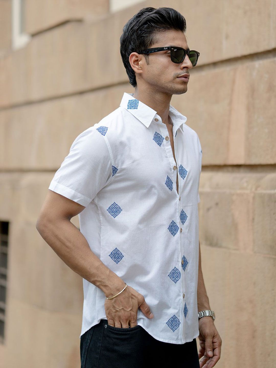 Powerlook SS25 Geometric Embroidered Pure Cotton Casual Shirt