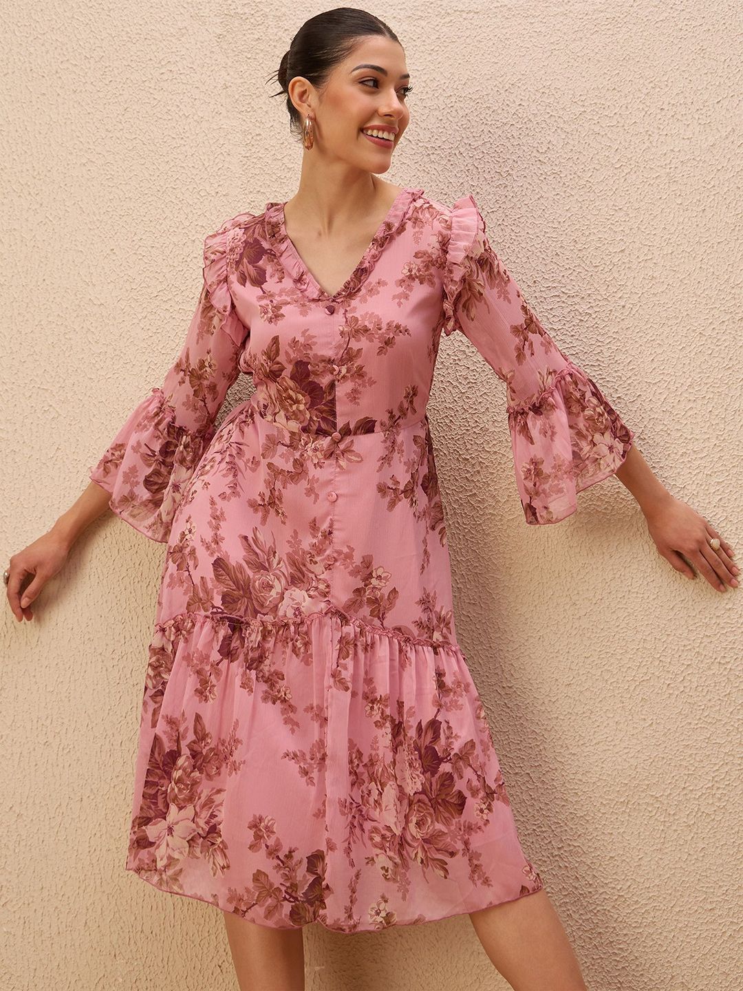 Antheaa Floral Print Drop-Waist Midi Dress
