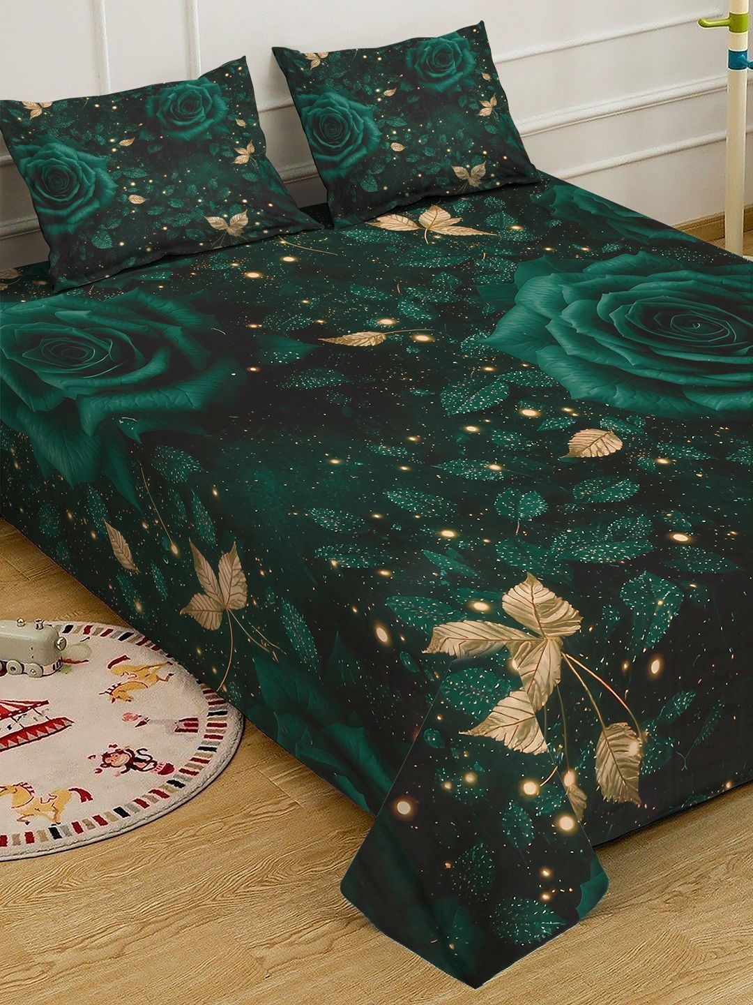 KLOTTHE Green Floral Printed Fitted 300 TC King Fine Bedsheet With 2 Pillow Cover