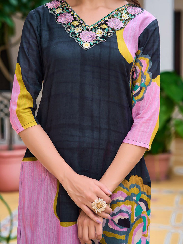 KALINI Floral Embroidered Thread Work Straight Kurta With Trousers & Dupatta