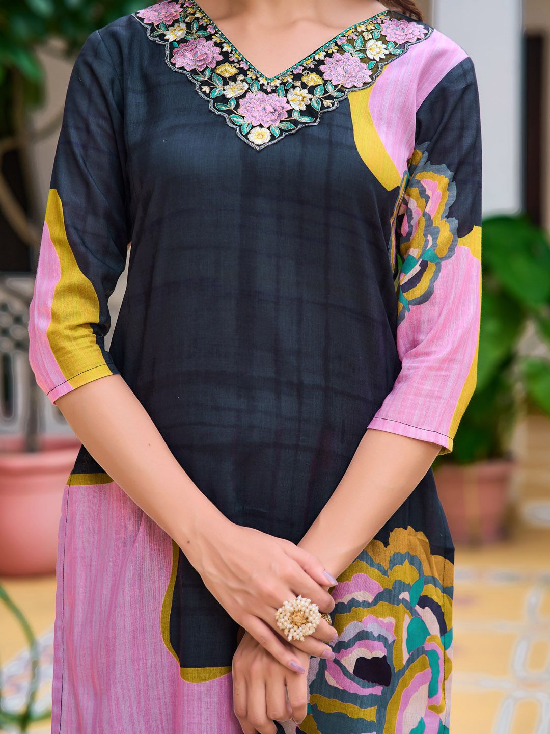 KALINI Floral Embroidered Thread Work Straight Kurta With Trousers & Dupatta