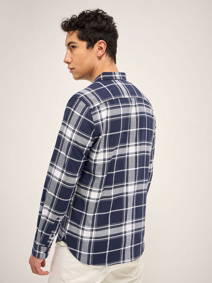 THE BEAR HOUSE Men Button-Down Collar Tartan Checked Cotton Slim Fit Casual Shirt