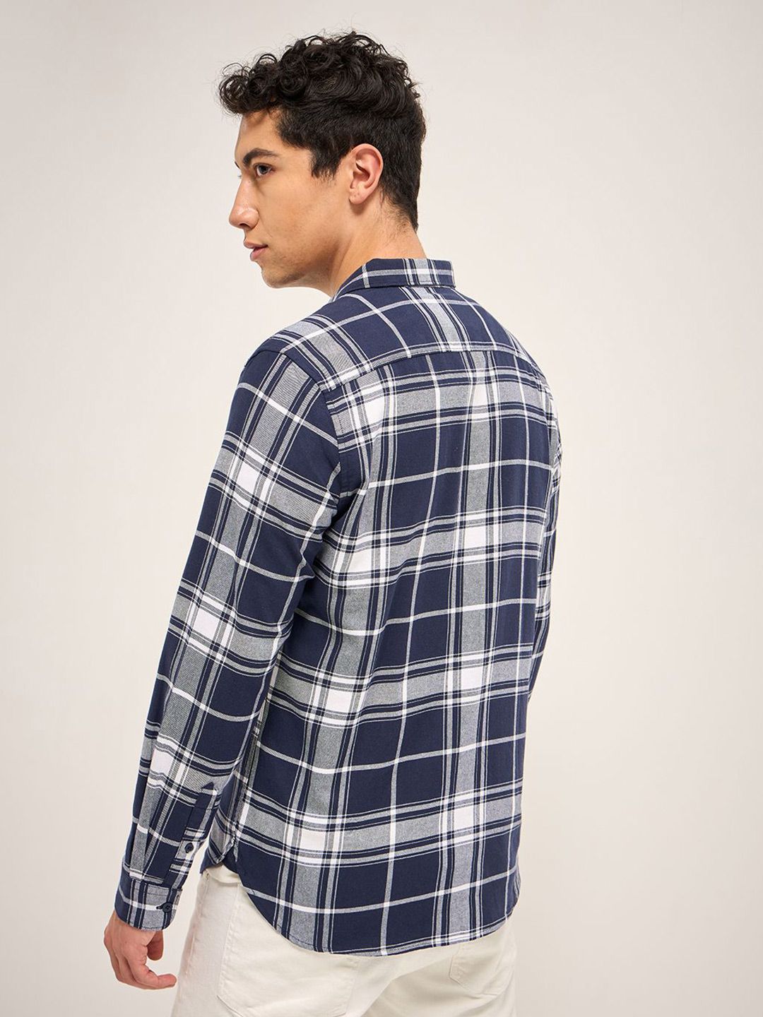 THE BEAR HOUSE Men Button-Down Collar Tartan Checked Cotton Slim Fit Casual Shirt