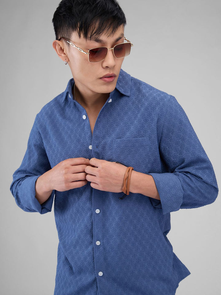 VASTRADO Men Classic Spread Collar Textured Solid Slim Fit Casual Shirt