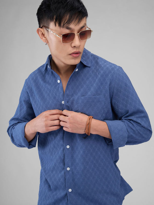 VASTRADO Men Classic Spread Collar Textured Solid Slim Fit Casual Shirt