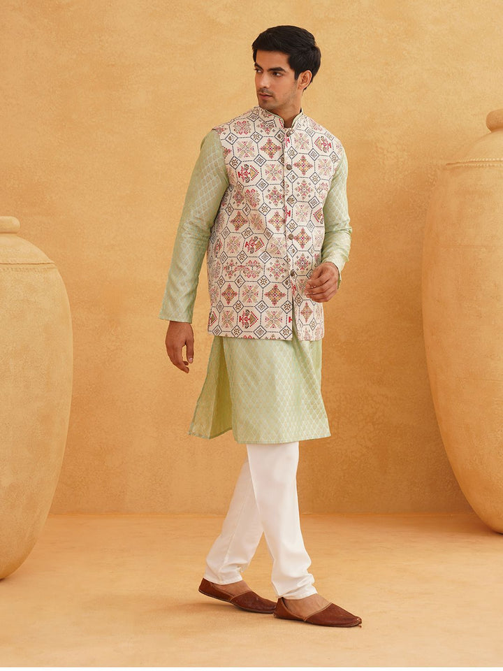 SOJANYA Ethnic Motifs Woven design Mandarin Collar Kurta With Churidar And Nehru Jacket