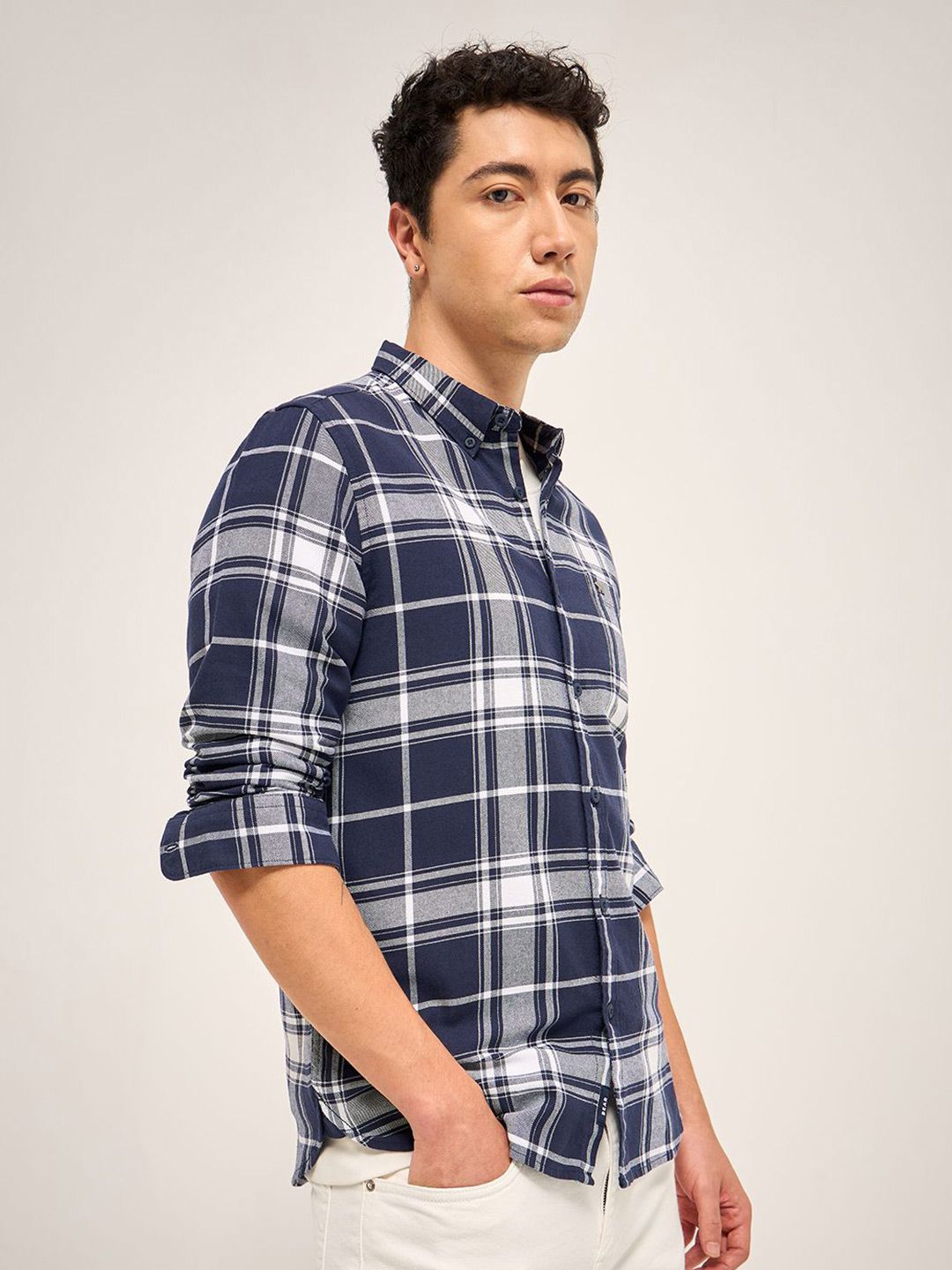 THE BEAR HOUSE Men Button-Down Collar Tartan Checked Cotton Slim Fit Casual Shirt