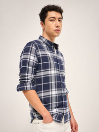 THE BEAR HOUSE Men Button-Down Collar Tartan Checked Cotton Slim Fit Casual Shirt