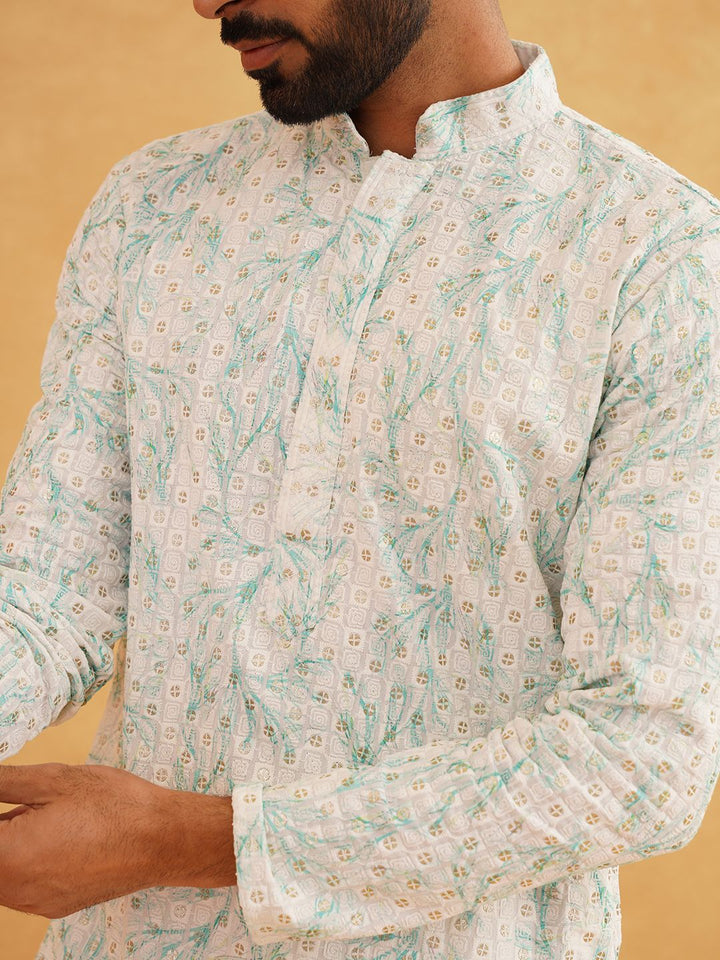 SOJANYA Geometric Embroidered Sequinned Mandarin Collar Pure Cotton Kurta With Churidar