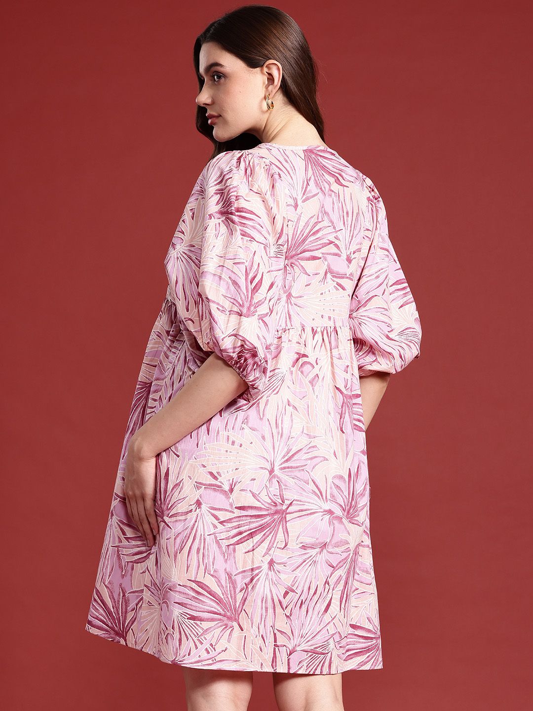 all about you Floral Print Tie-Up Neck Puff Sleeves Cotton A-Line Dress