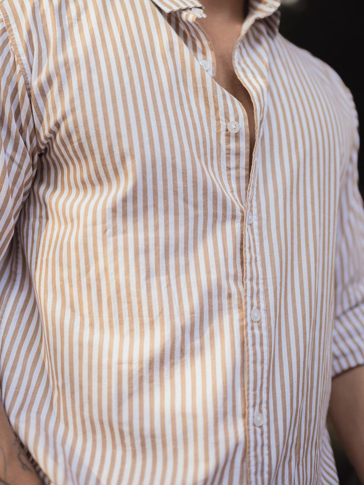 Powerlook Men Spread Collar Vertical Striped Cotton Casual Shirt