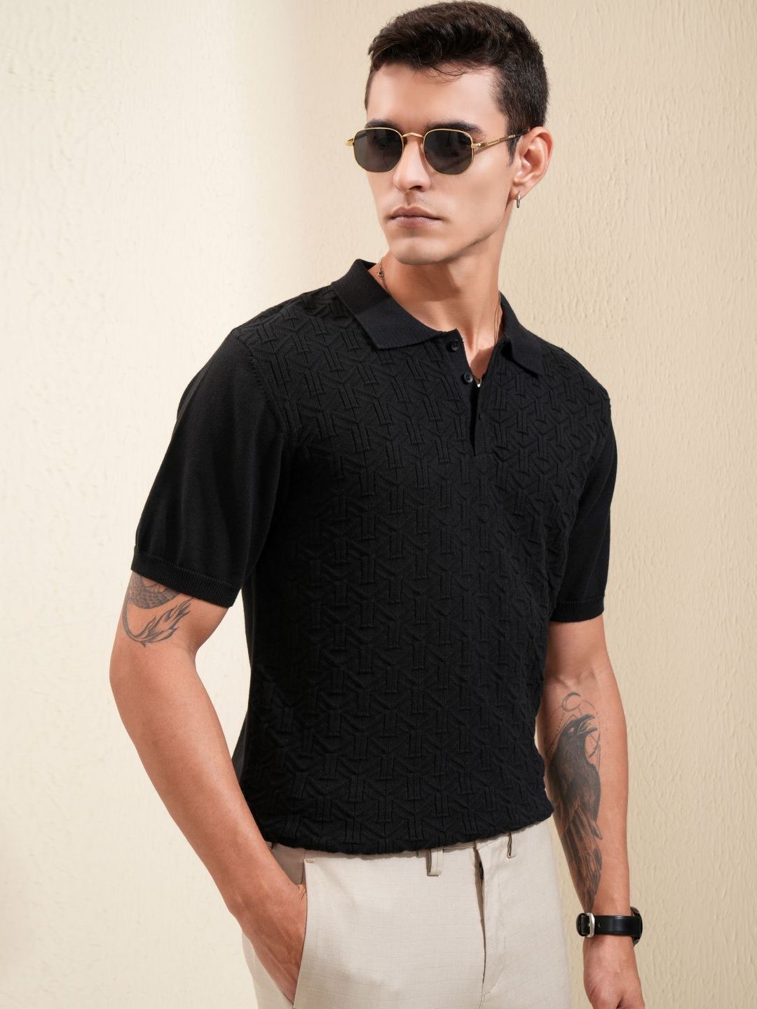 HIGHLANDER Men Self Design Polo Collar Cotton Relaxed Fit T-shirt
