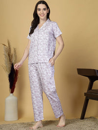 KLOTTHE Women Purple Abstract Pure Cotton Night Suit