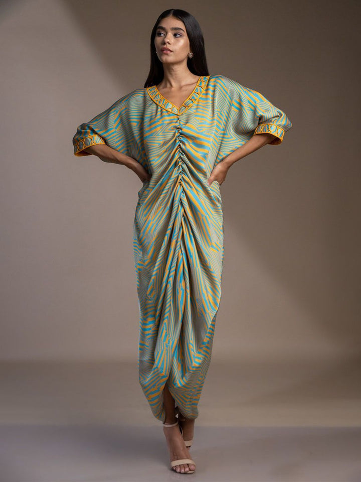 Mamicha Wanita Cetak Lengan Batwing V-neck A-Line Maxi Dress
