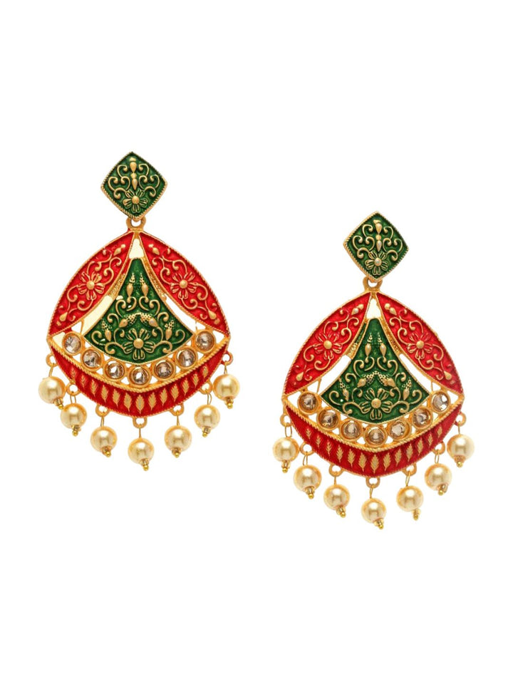 Anouk Red & Green Gold-Plated Stone-Studded & Beaded Contemporary Drop Earrings