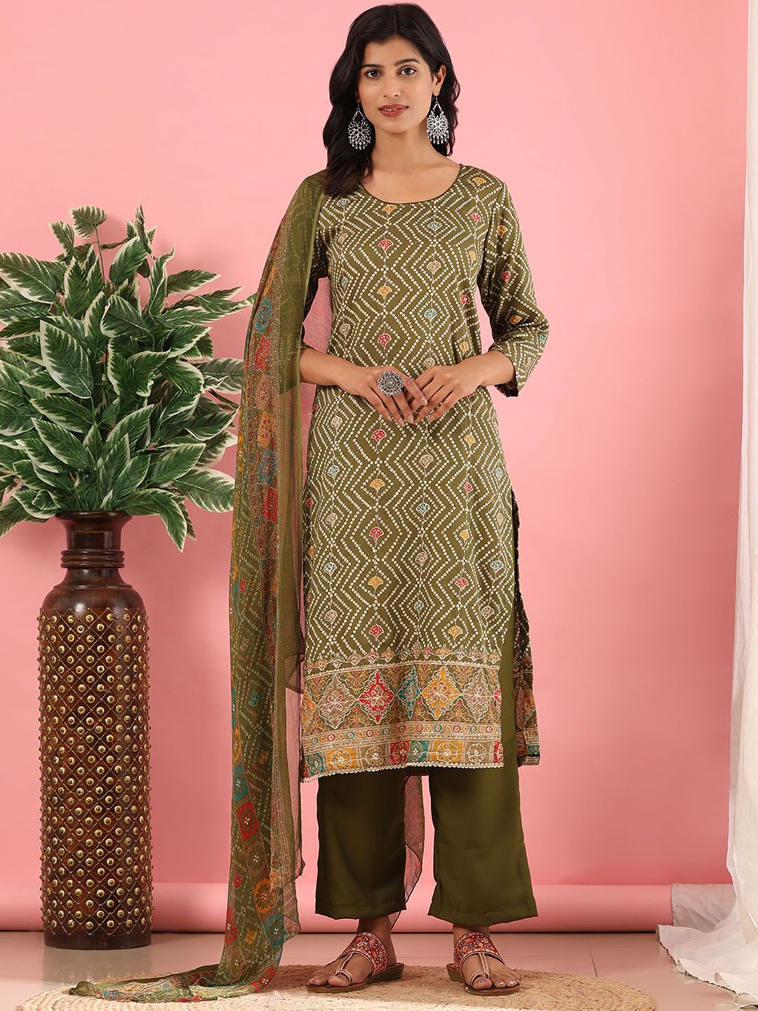 Kurta Lurus Kapas Tulen Bercetak Mamicha Bandhani dengan Palazzos & Dupatta