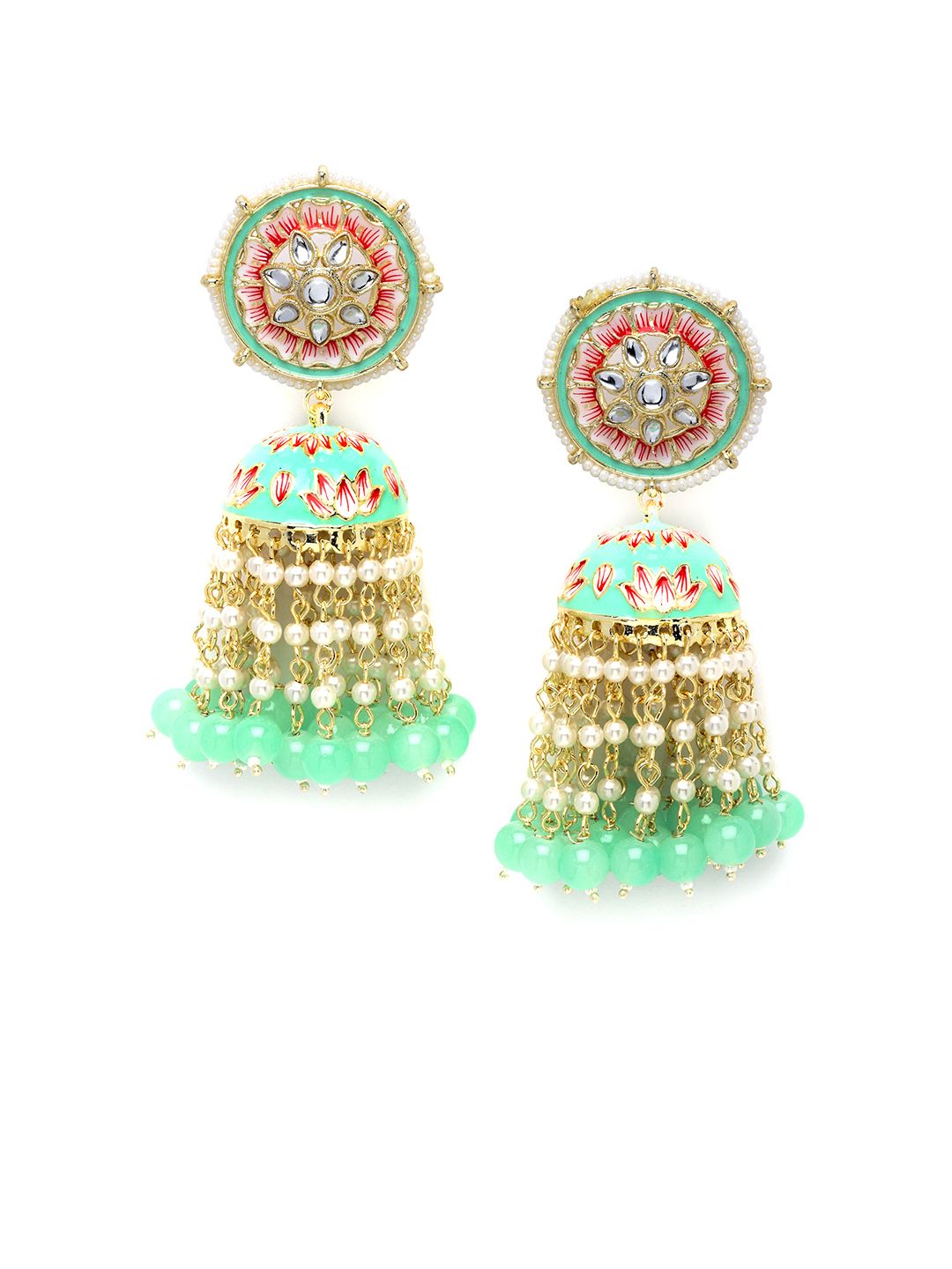 KARATCART Gold Plated Lime Green Dome Shaped Jhumkas Earrings