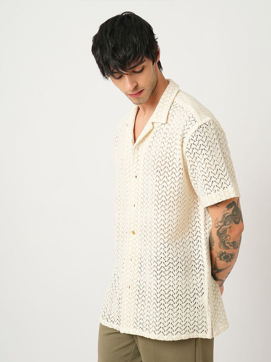 VASTRADO Men Classic Cuban Collar Solid Cotton Oversized Casual Shirt