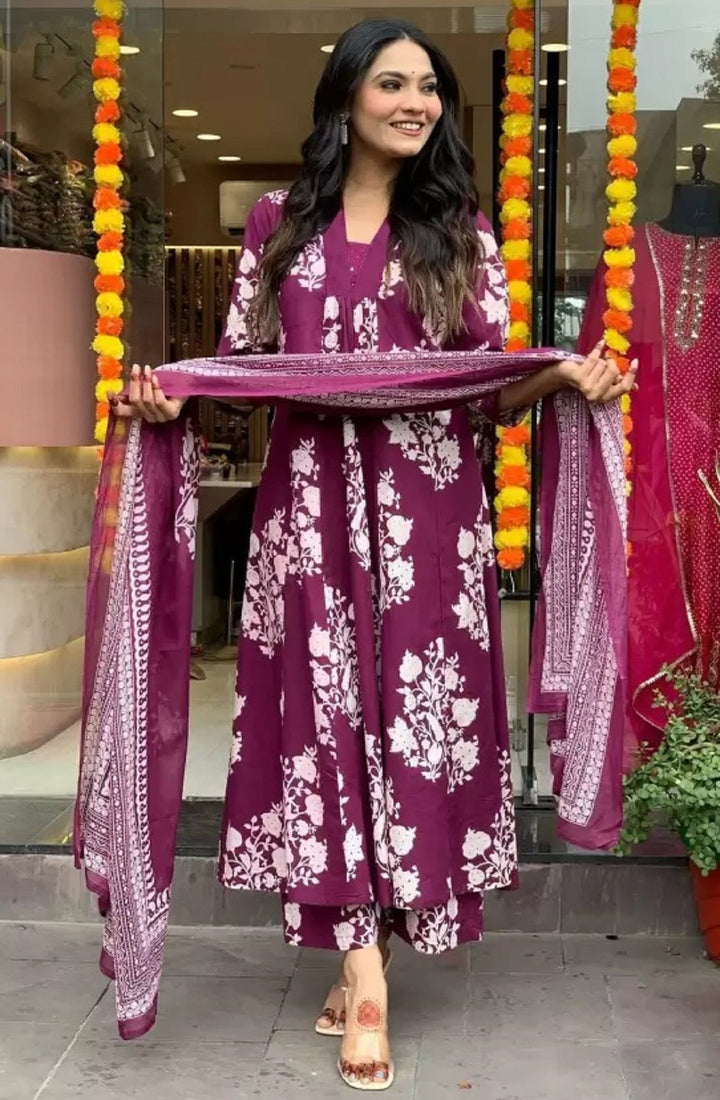 KALINI Floral Printed Pleated V-Neck A-Line Kurta With Palazzos And Dupatta