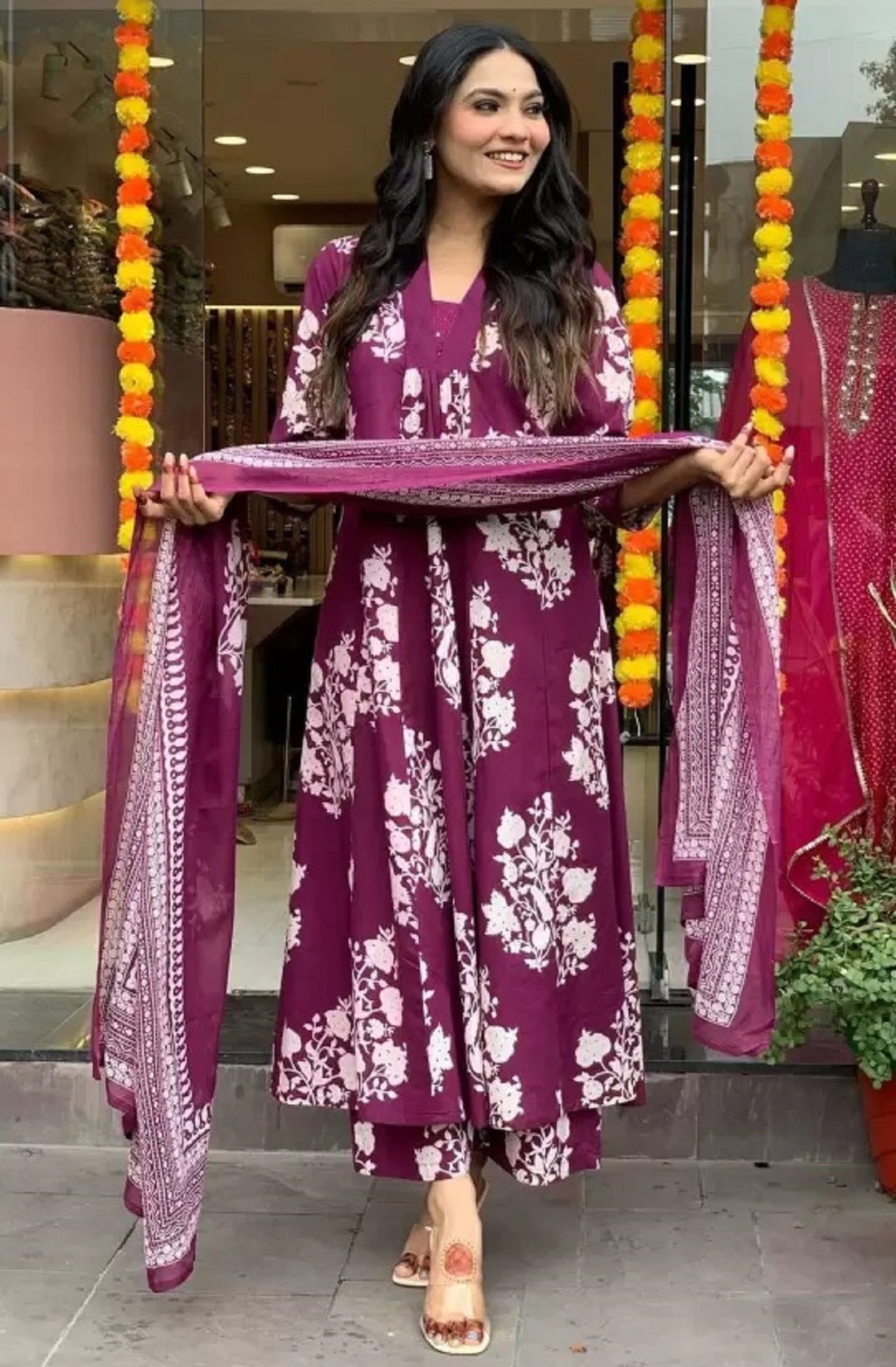 KALINI Floral Printed Pleated V-Neck A-Line Kurta With Palazzos And Dupatta