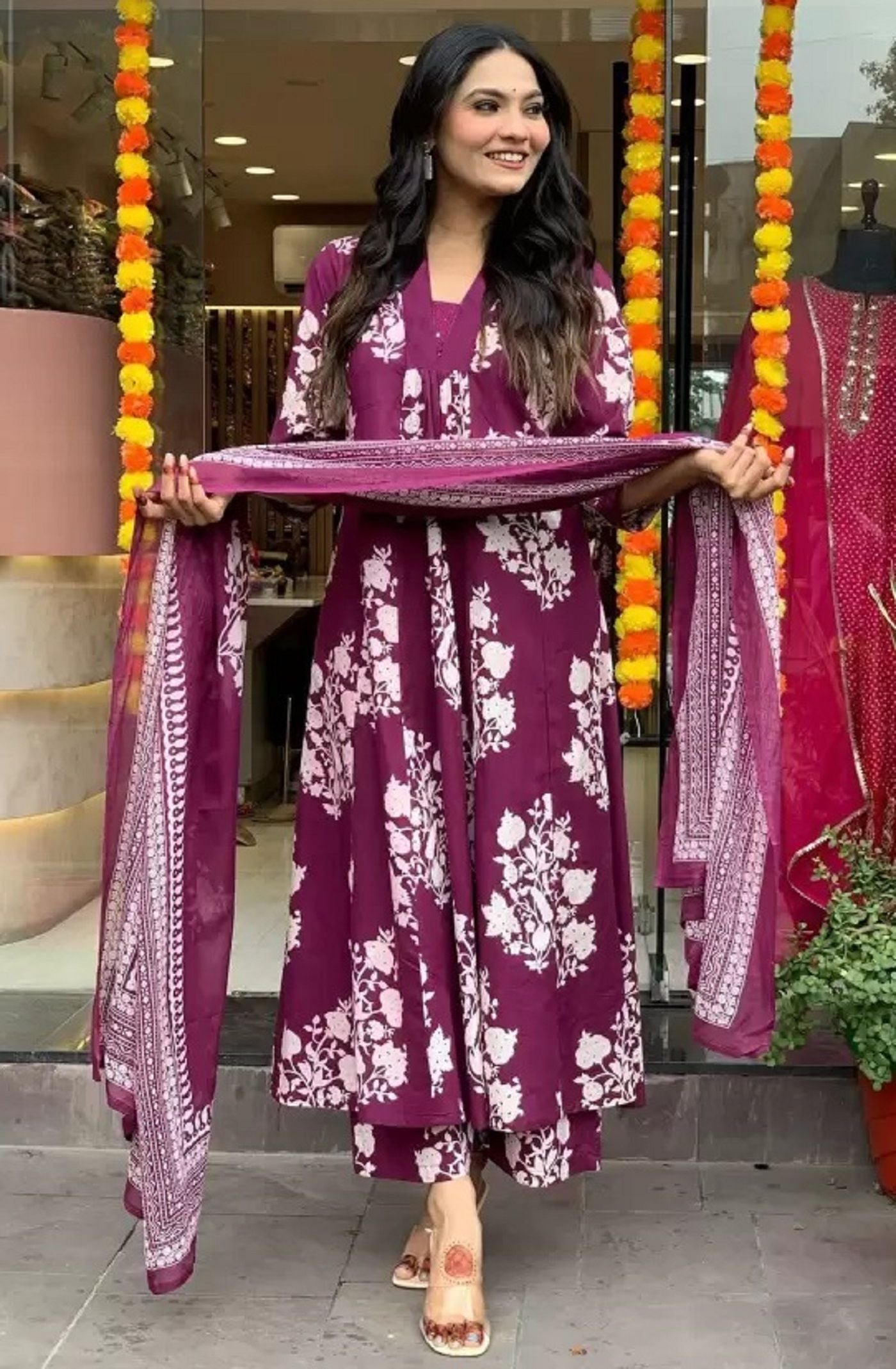 KALINI Floral Printed Pleated V-Neck A-Line Kurta With Palazzos And Dupatta