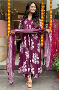 KALINI Floral Printed Pleated V-Neck A-Line Kurta With Palazzos And Dupatta