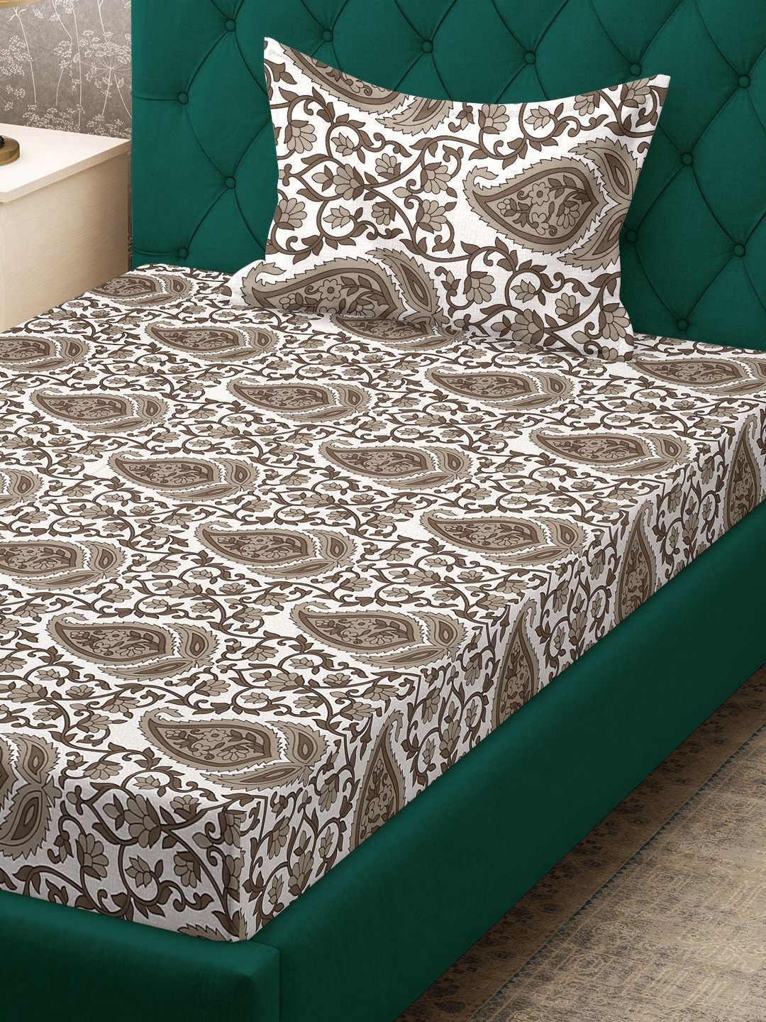 Myntra Elegant Homes Beige Floral Cotton 300 TC Single Cadar Superfine dengan Sarung Bantal-89 x 59 inci
