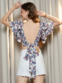 Berrylush Floral Print Flutter Sleeve Crop Top