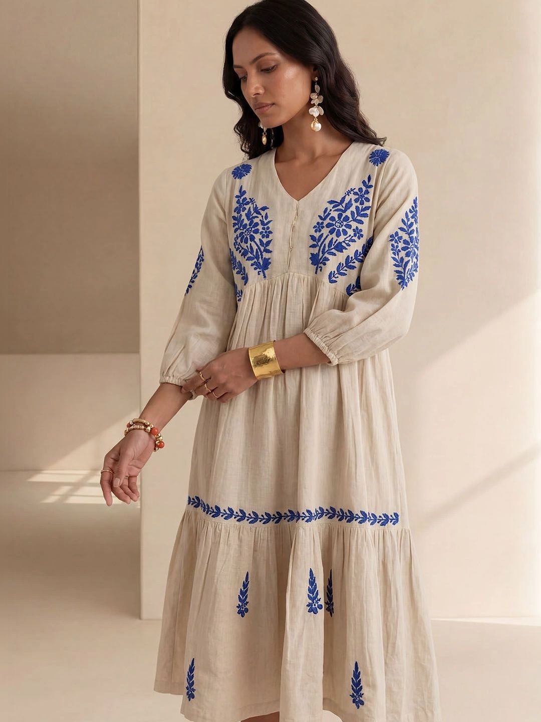 House of Chikankari Floral Embroidered A-Line Midi Dress