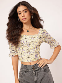 DressBerry Lace Inserts Floral Smocked Crop Top