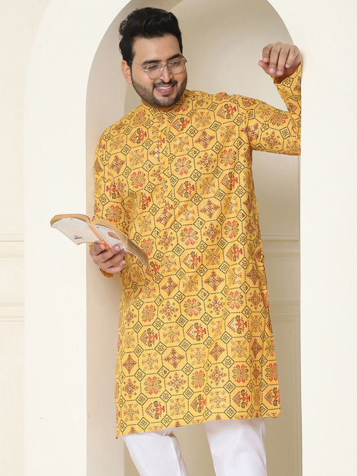 SOJANYA PLUS Ethnic Motifs Printed Band Collar Straight Cotton Linen Kurta