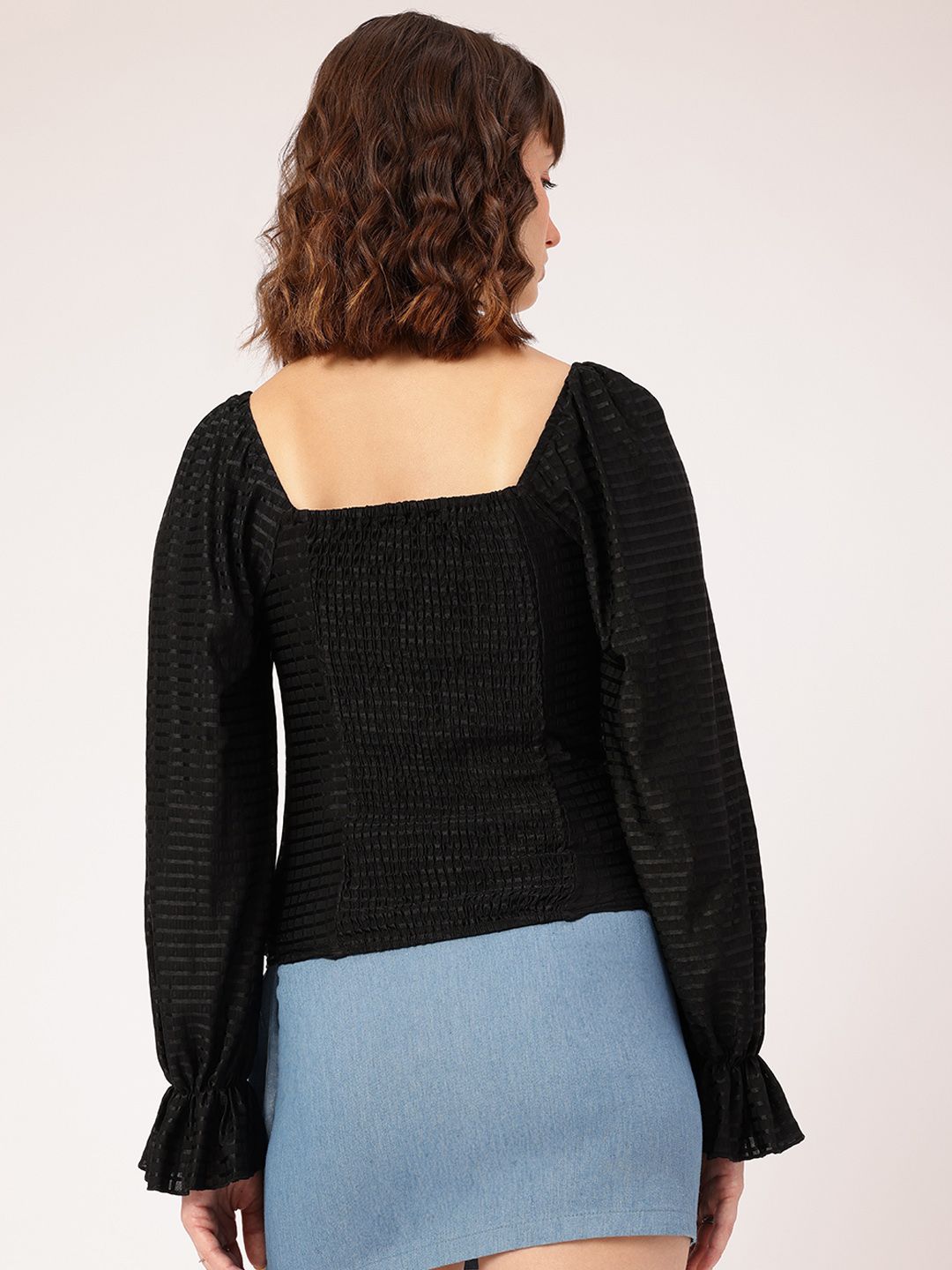 DressBerry Soft Grunge Glam Self Checked Smocked Ruched Top