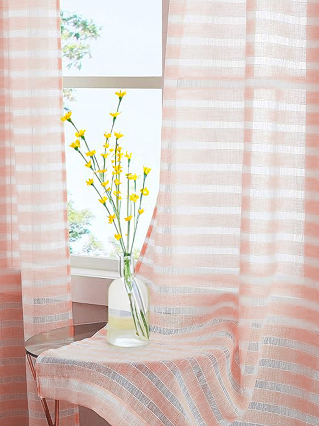 URBAN SPACE Peach-Coloured & White 2 Pieces Striped Sheer Window Curtain