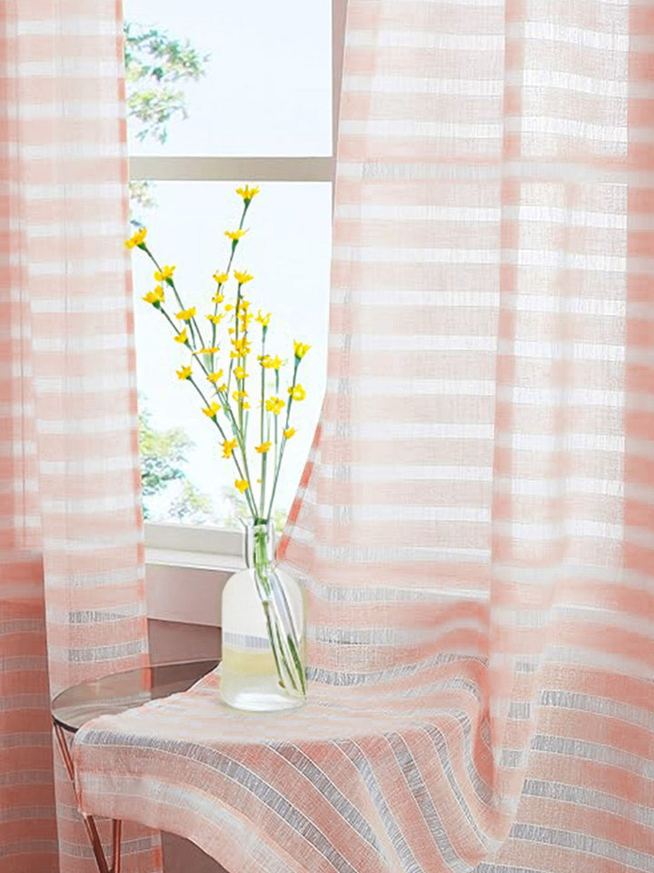 URBAN SPACE Peach-Coloured & White 2 Pieces Striped Sheer Window Curtain