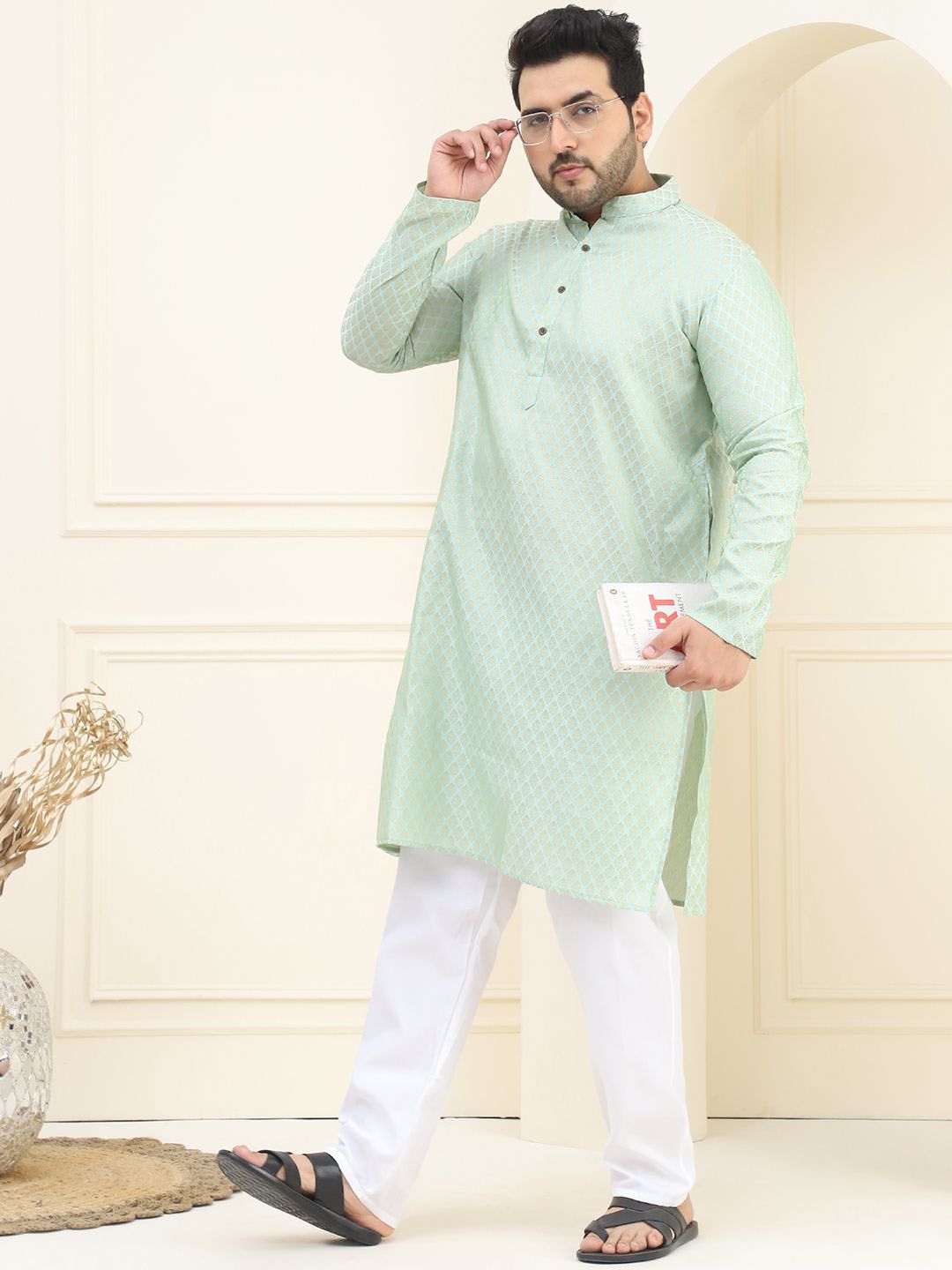 SOJANYA PLUS Motif Etnik Rekaan Tenunan Kurta Lurus Jacquard Dengan Pijama