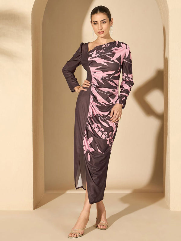 Antheaa Printed Puff Sleeve Sheath Midi Dress