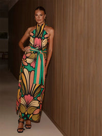 all about you Women Floral Print Halter Neck Belted Maxi Dress