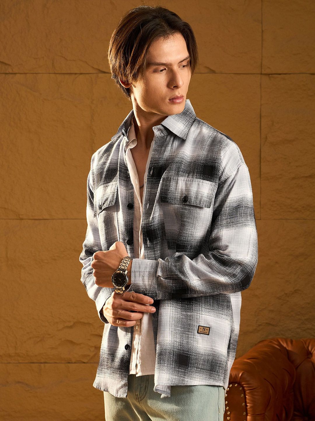 DENNISON Men Double Pocket Drop Shoulder Oversized Cotton Checked Shacket