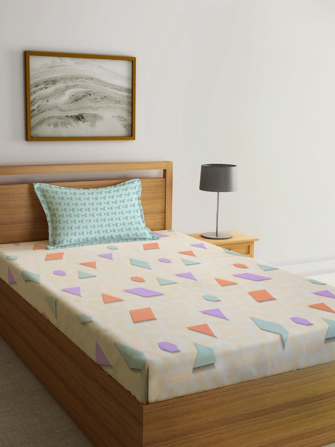 Myntra Elegant Homes Beige Geometric Cotton 300 TC Single Fine Bedsheet with a Pillow Cover-87 x 59 inches