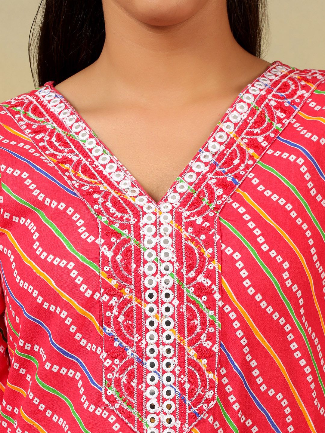Cermin Bercetak Mamicha Leheriya Berfungsi Kurta Kapas Tulen dengan Seluar & Dengan Dupatta