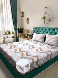KLOTTHE Pink Chevron Polycotton 300 TC Fitted King Fine Bedsheet with 2 Pillow Covers-98 x 89 inches